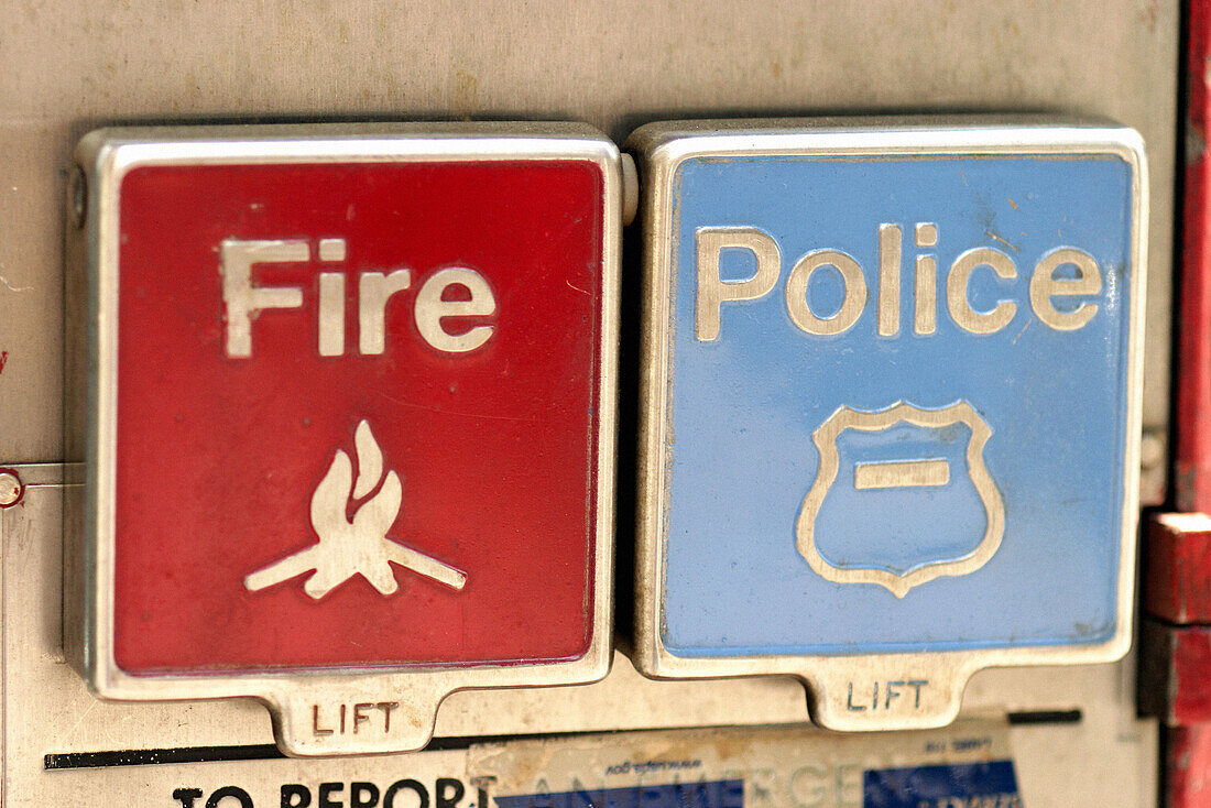  Alarm, Alarms, Blue, Button, Buttons, Close up, Close-up, Closeup, Color, Colour, Concept, Concepts, Detail, Details, Difference, Different, Fire, Horizontal, Lid, Lids, Pair, Police, Red, Safety, Security, Symbol, Symbols, Two, C71-259907, agefotostock 