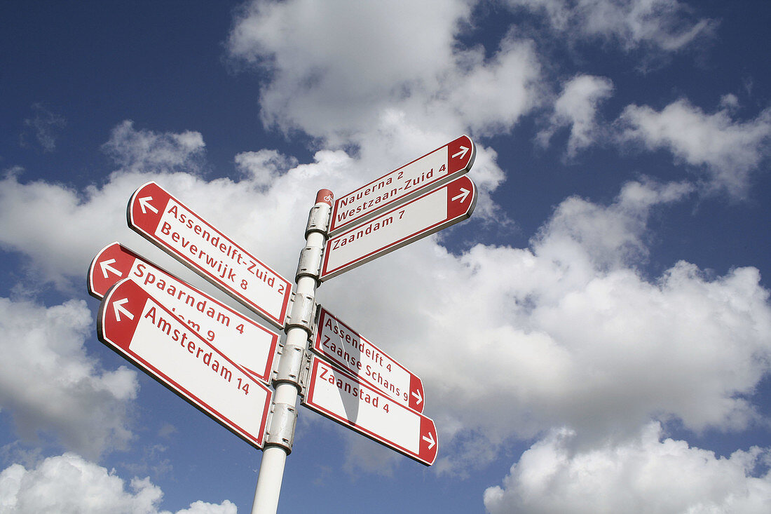 Signposts in all directions, Zaanstad, Holland, Netherlands