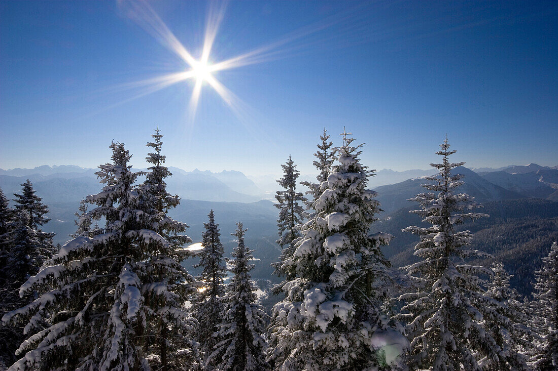 Winter scenery in the Bavarian Alps seen from Herzogstand, Upper Bavaria, Germany