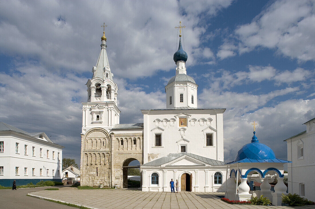 Monastery buildings: Palace of Prince Andrei Bogoliu, the Bogoliubovo Castle, Staircase Tower, 12th and17th centuries, Cathedral of the Nativity, Bogoliubovo. Golden Ring, Russia