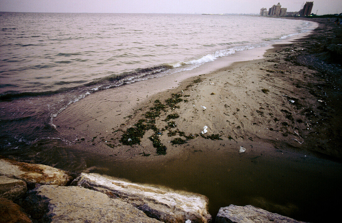 Pollution on beach. Mediterranean Sea. Valencia. Spain