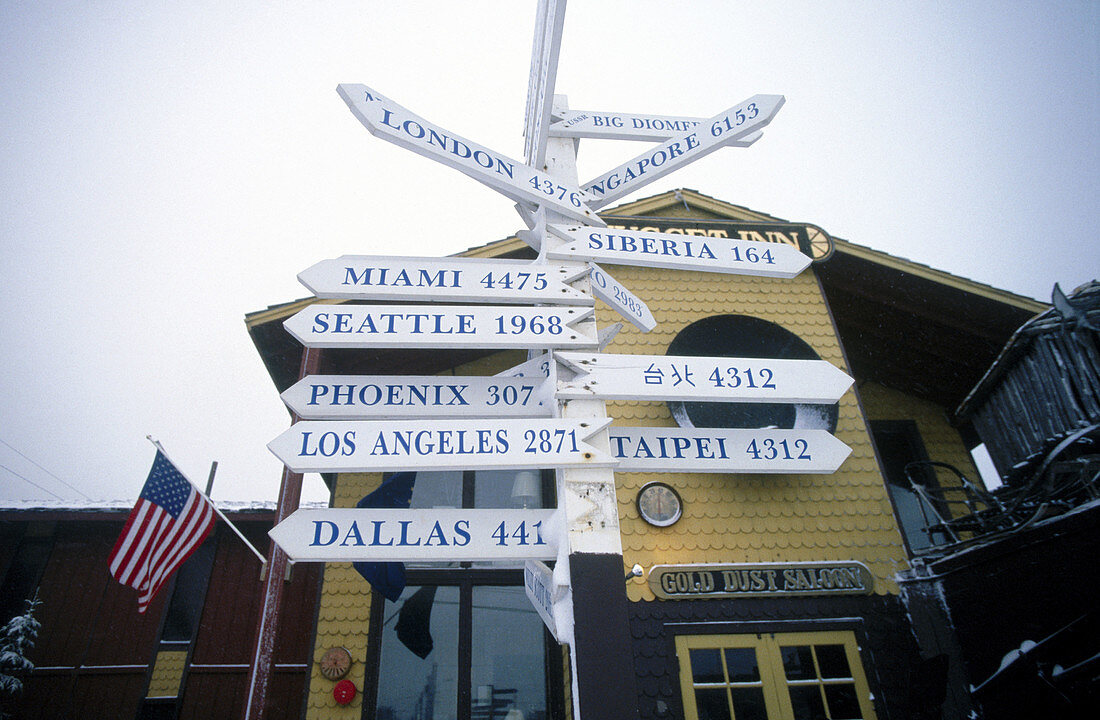 Trafic signs showing distances to Siberia. Nome. Seward Peninsula. Alaska. USA