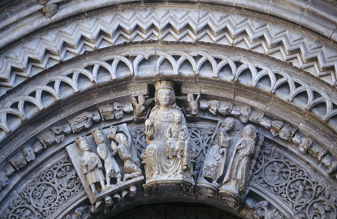 Main front detail of St. Mary s Romanesque church, Agramunt. Urgell, Lleida province, Catalonia, Spain