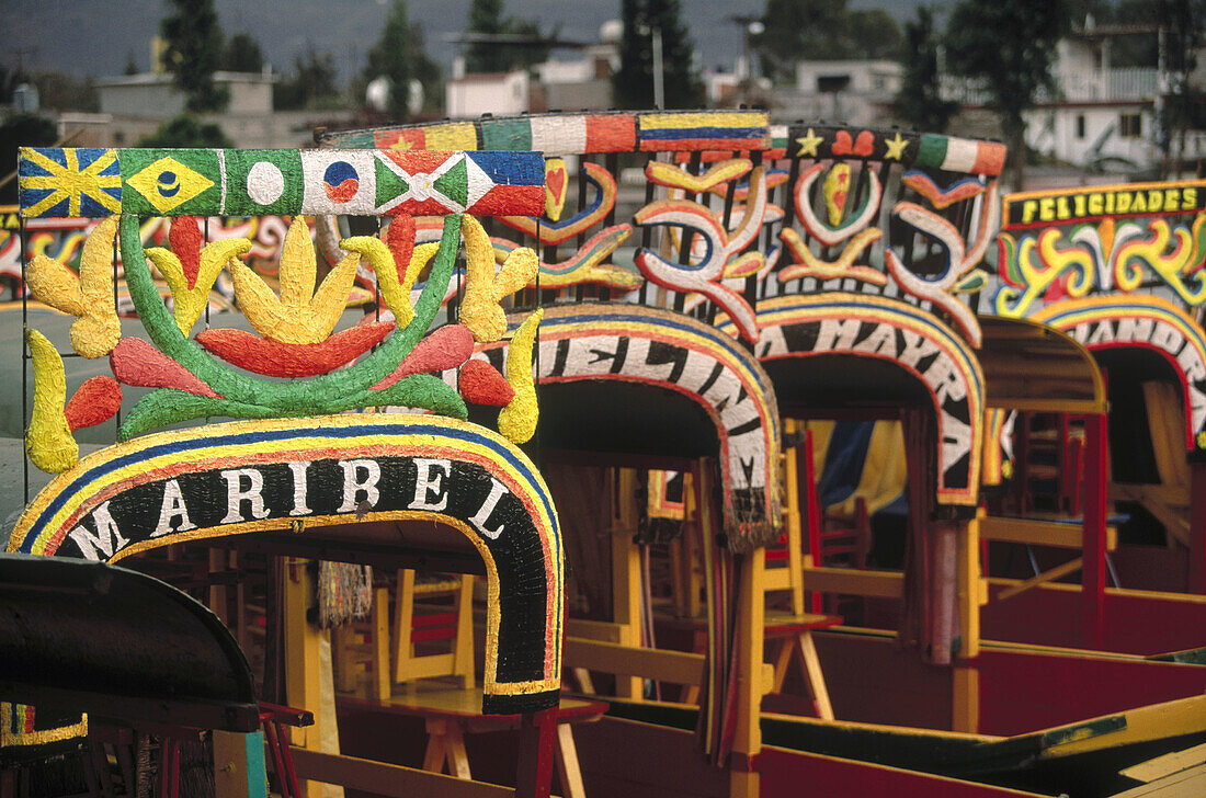 Trajineras (traditional ornated rafts). Xochimilco. Mexico