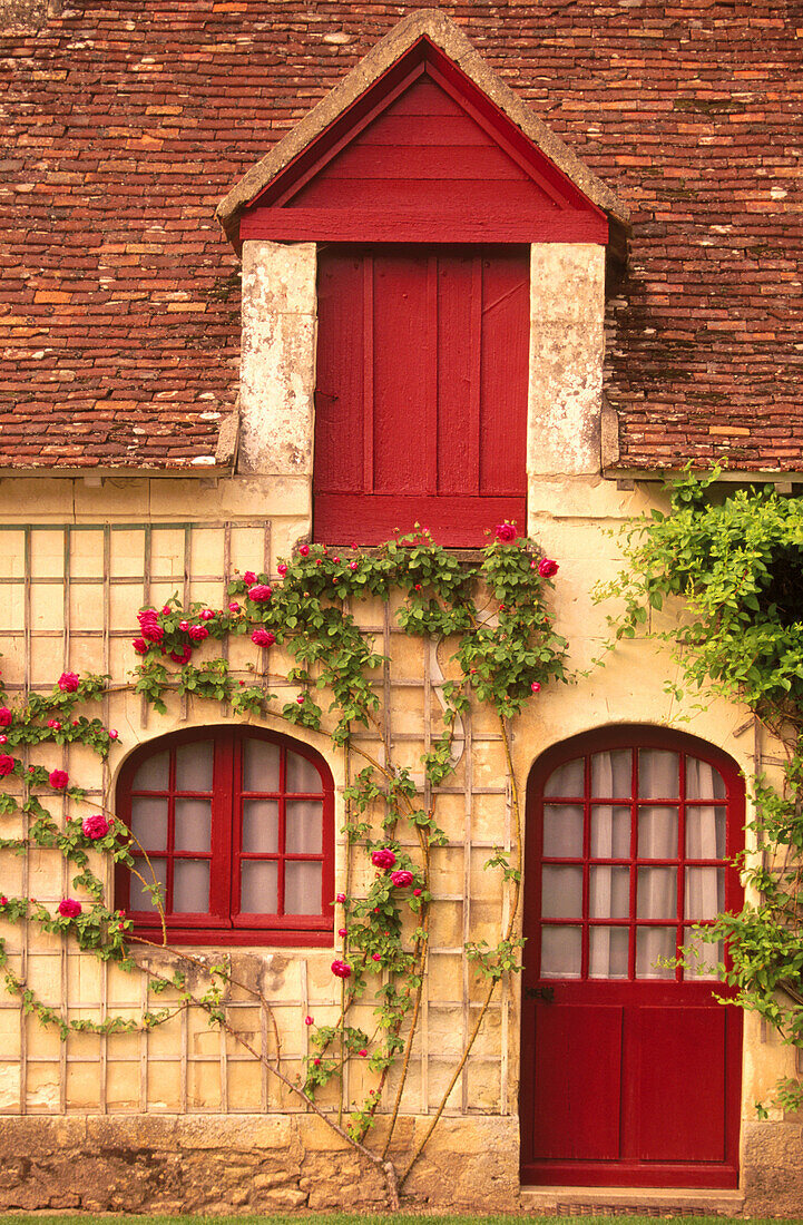 Rose cottage doorway. Chenonceaux Castle. Loire Valley. France