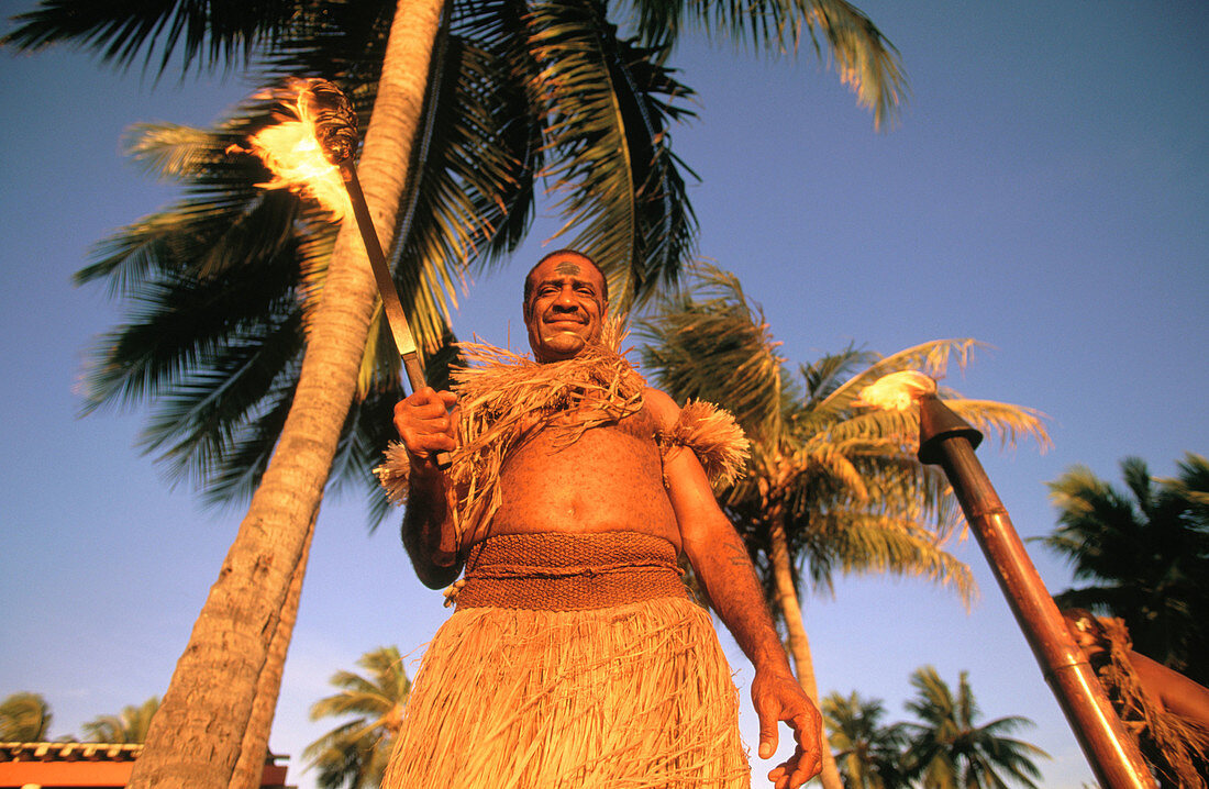 Man in Fijian traditional costume. Denarau. Viti Levu. Fiji