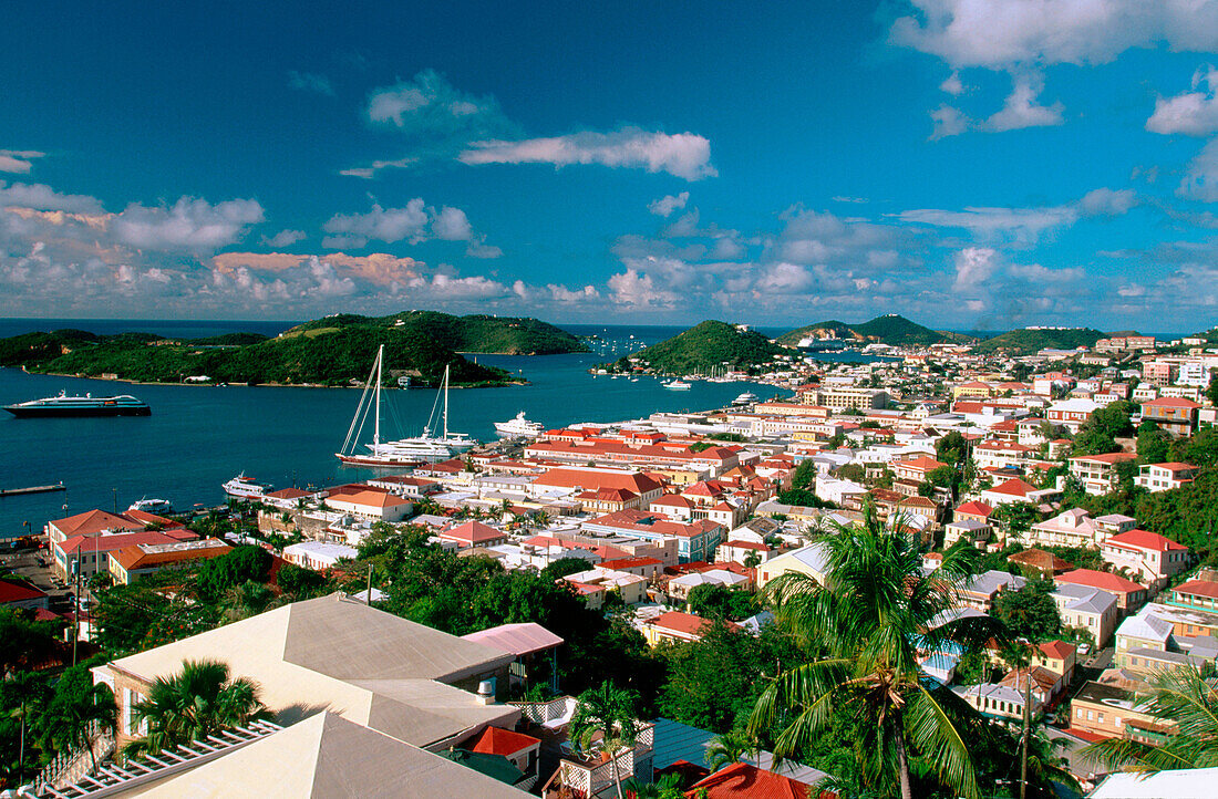 Houses and harbour in Charlotte Amalie from Government Hill. Saint Thomas Island. U.S. Virgin Islands