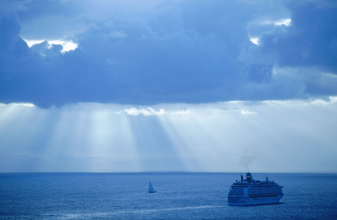 Cruiseship at sunset from Point Blanche. Philipsburg. Sint Maarten. Netherlands Antilles