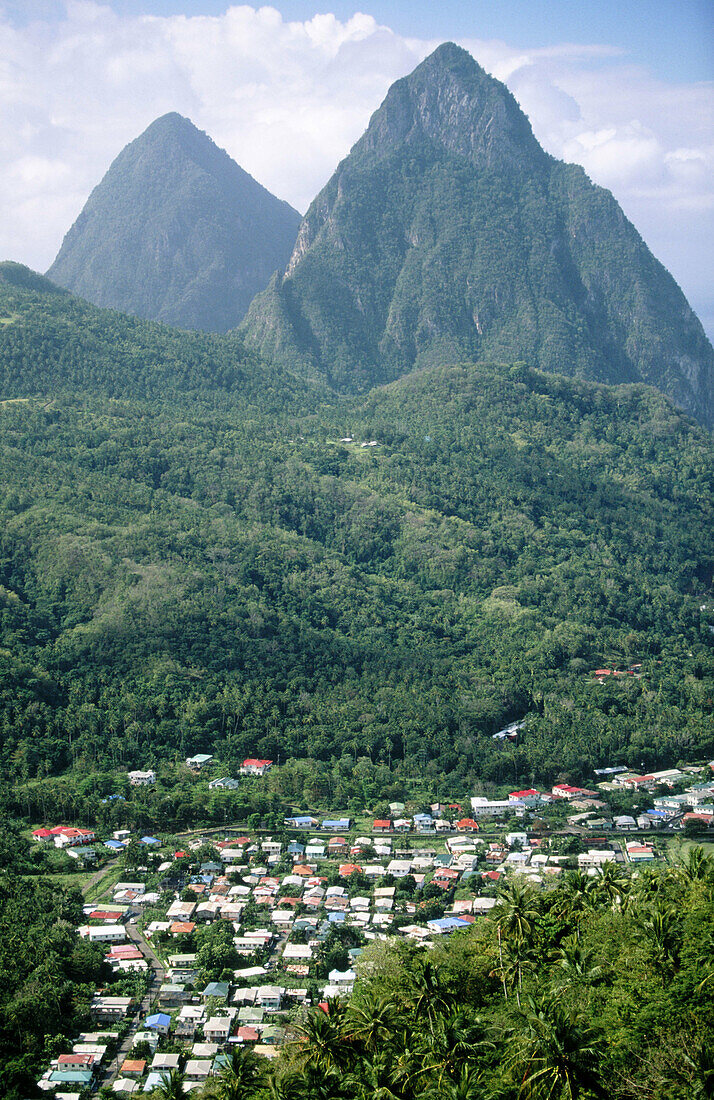 View of The Pitons from the northeast. Soufriere. Santa Lucia. West Indies. Caribbean