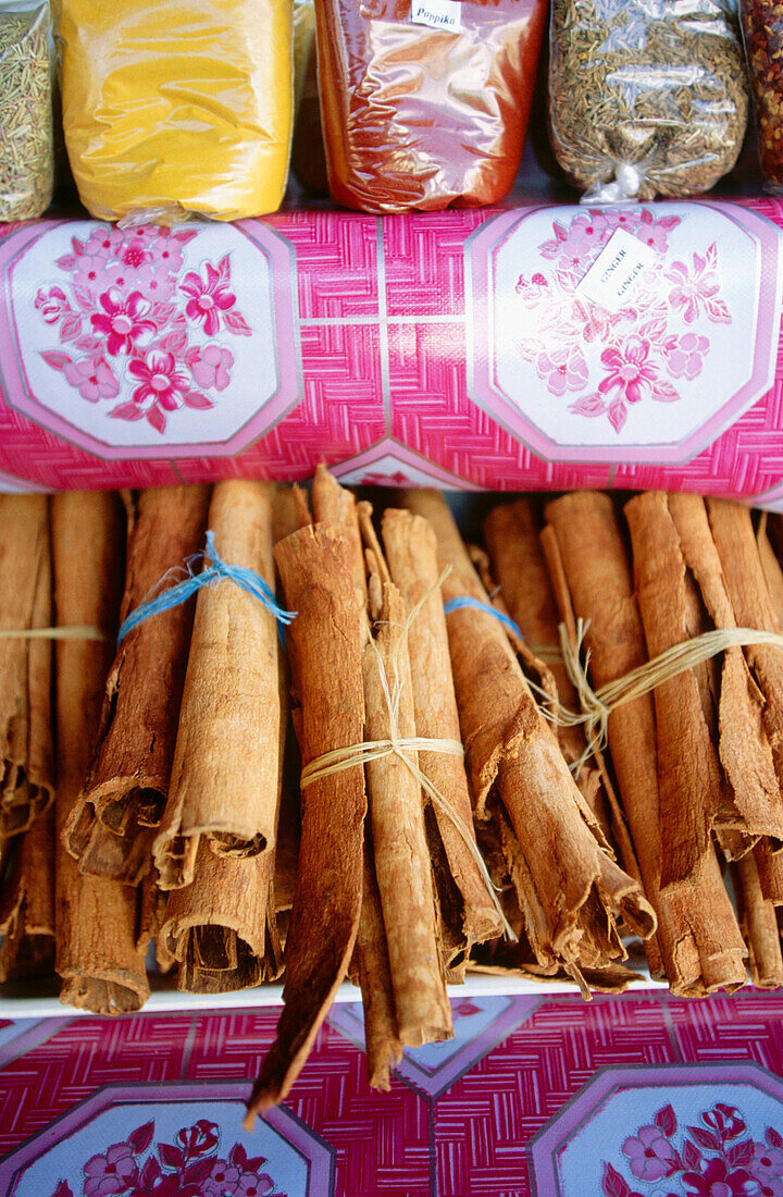 Cinnamon sticks and spices. Market. Castries. Santa Lucia. West Indies. Caribbean