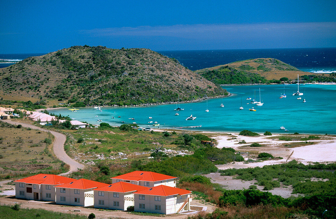 Aerial view from the bay. Cul de Sac. Saint Martin. French West Indies. Caribbean