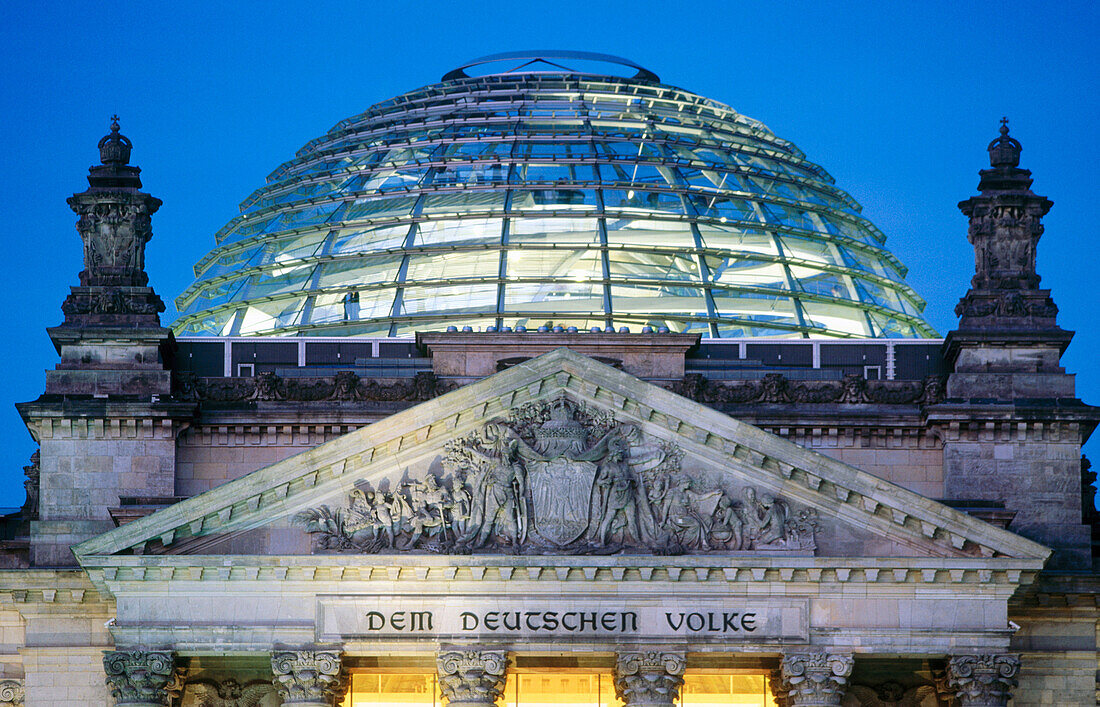 The Reichstag and dome at dusk. Berlin. Germany