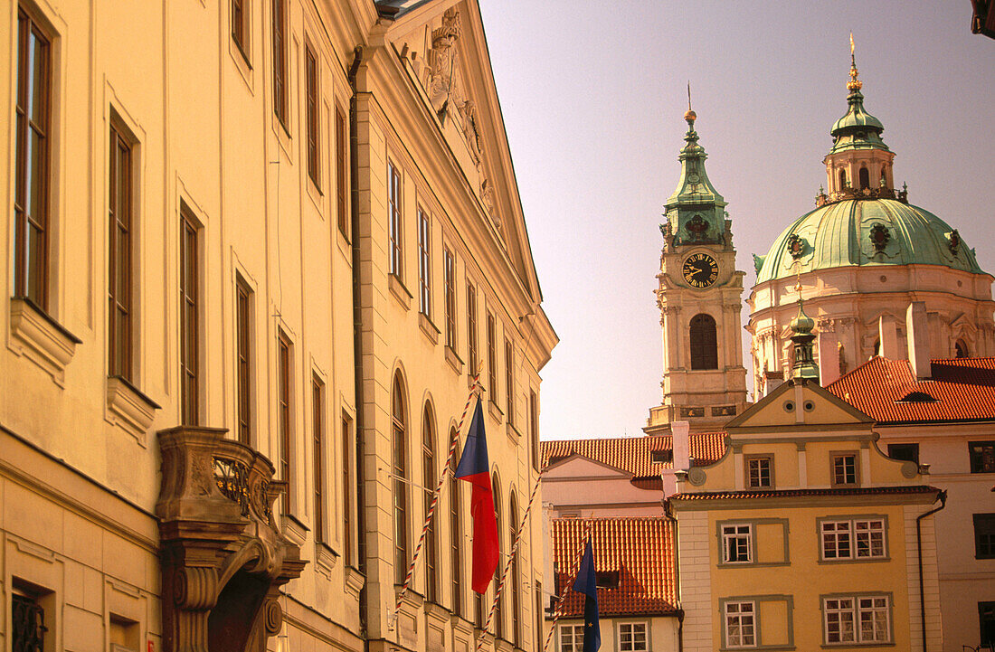 Kostel sv Mikulase (Saint Nicholas Church) and Czech Parliament. Mala Strana. Prague. Central Bohemia. Czech Republic