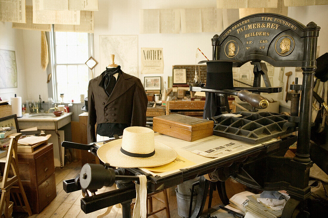 Print Shop interior. Columbia State Historic Park. Gold Country. California, USA