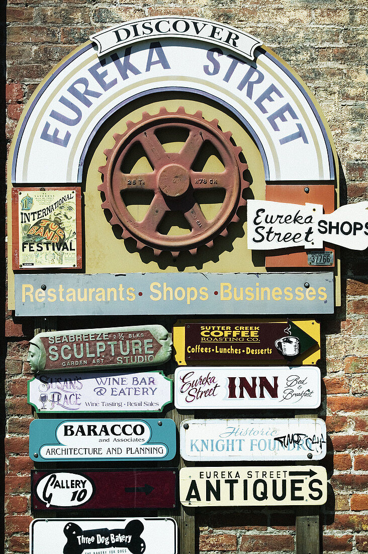 Signs in Eureka Street. Sutter Creek. Gold Country. California, USA