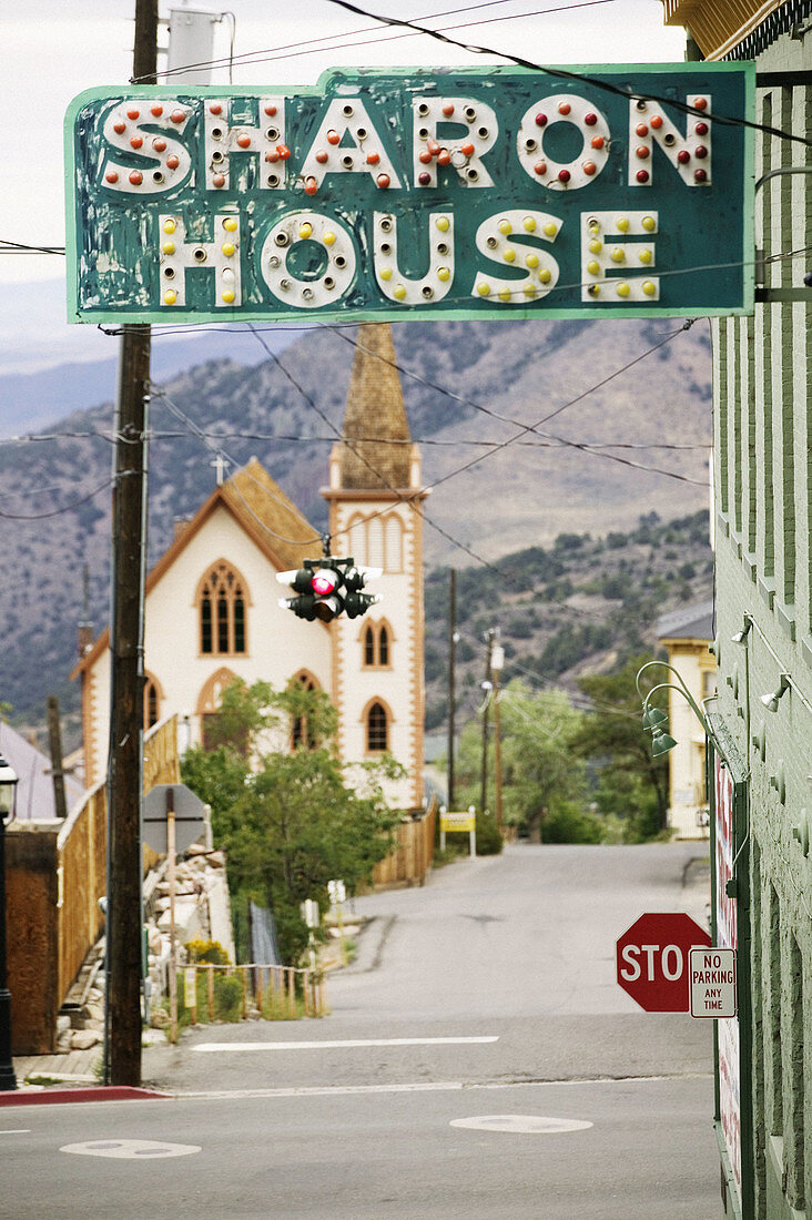 Town vintage singnage from the gold boom in Virginia City. Nevada, USA