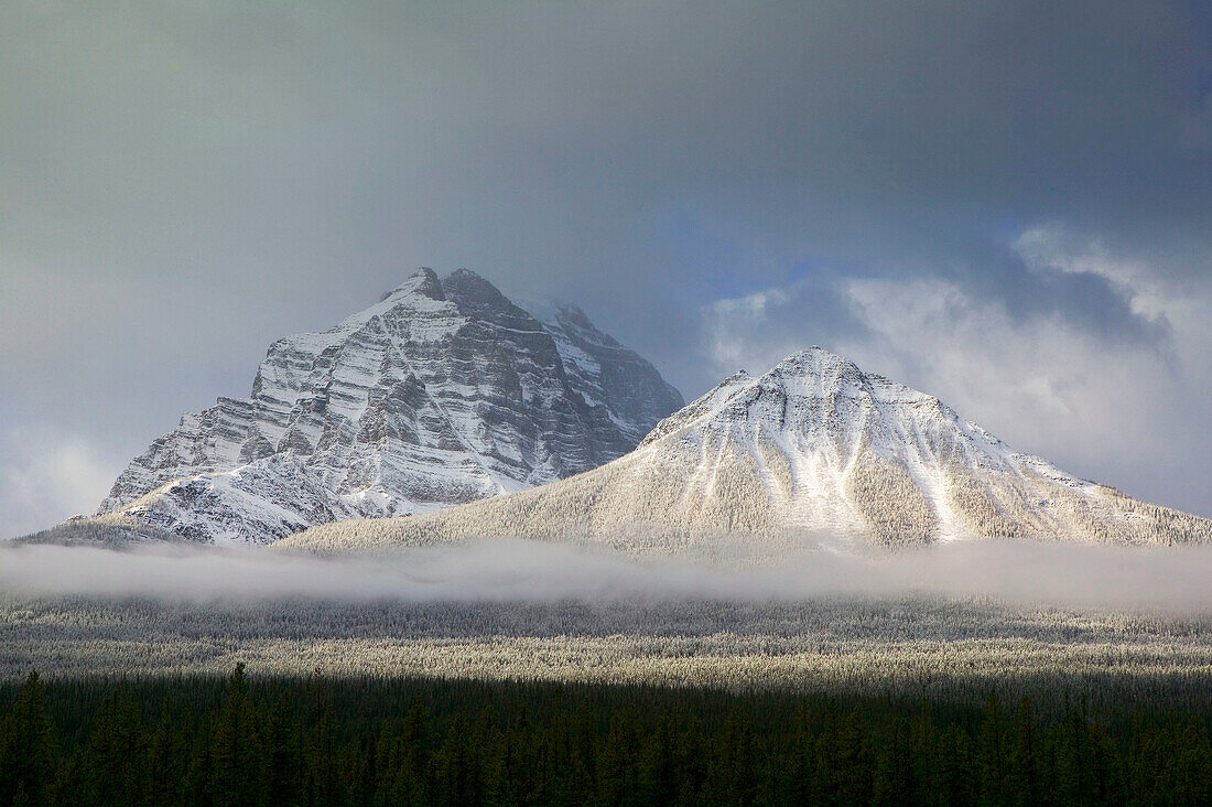 Early morning winter mountainscape from Bow Valley parkway. Lake Louise, Banff National Park. Alberta, Canada