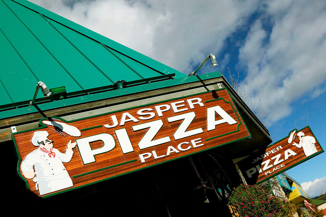 Jasper pizza place sign. Jasper. Jasper National Park. Alberta, Canada