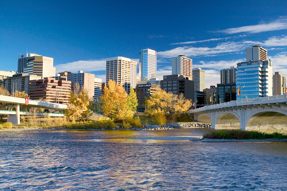 View from Kensington along Bow River, downtown Calgary. Alberta, Canada