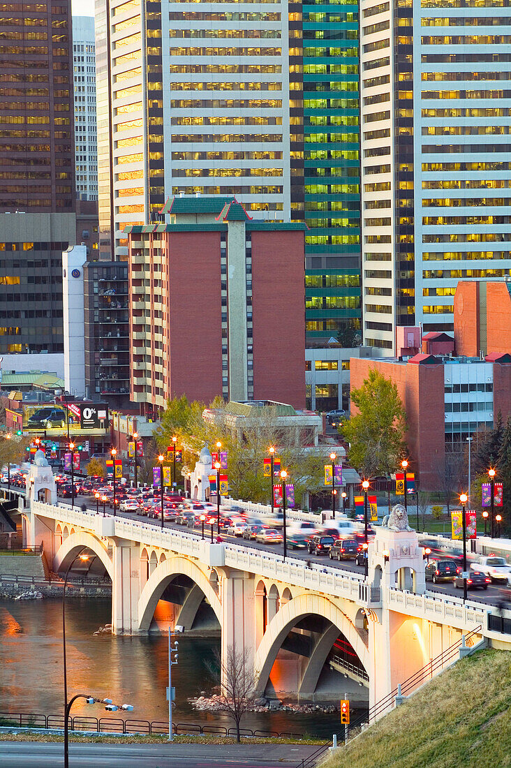 City and Centre Street Bridge traffic at dawn, downtown Calgary. Alberta, Canada