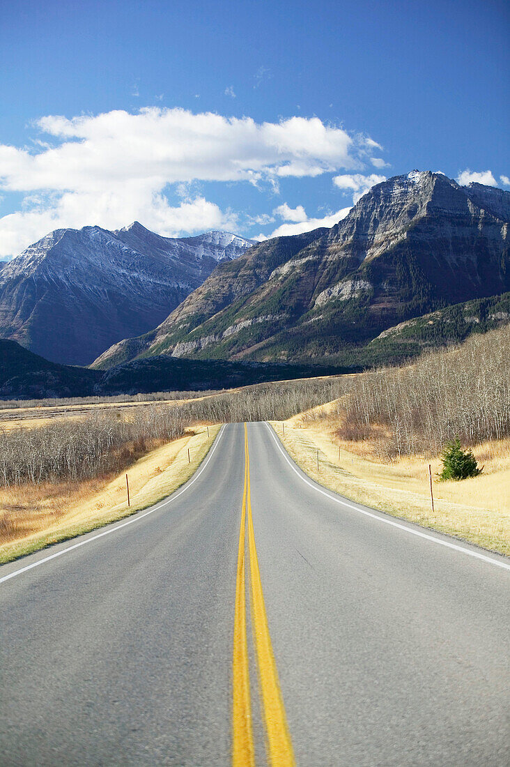 Park road in the morning, autumn. Waterton Lakes National Park. Alberta, Canada