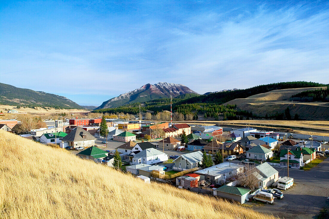 Coleman town view from Crowsnest Highway. Crowsnest Pass area. Alberta, Canada