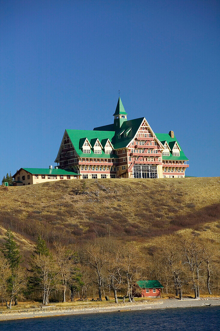 Prince of Wales hotel in the morning, autumn. Waterton Lakes National Park. Alberta, Canada