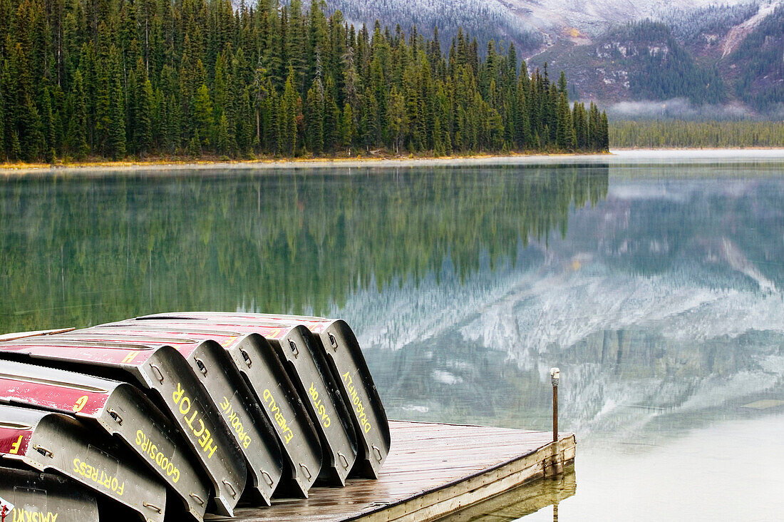 Yoho National Park in autumn, Emerald Lake & reflections. British Columbia, Canada