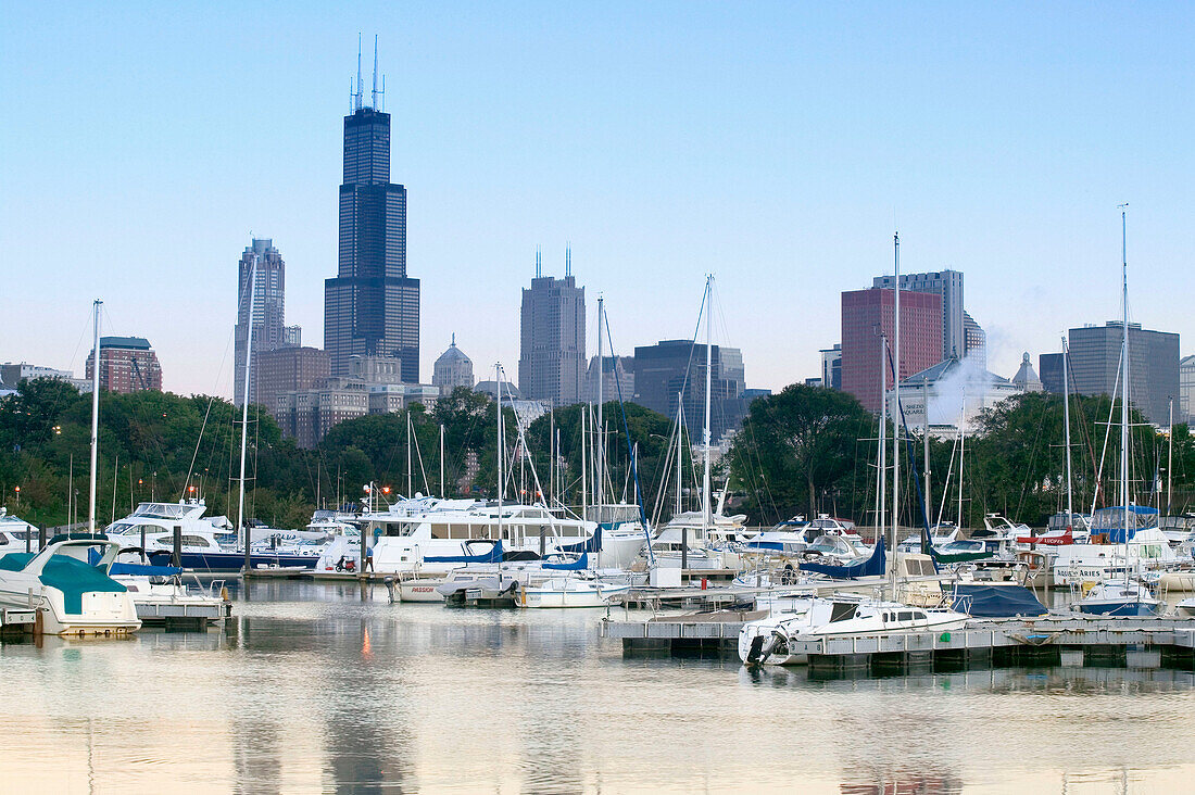 Morning view of city skyline from Burnham Park yacht harbor. Chicago. Illinois, USA