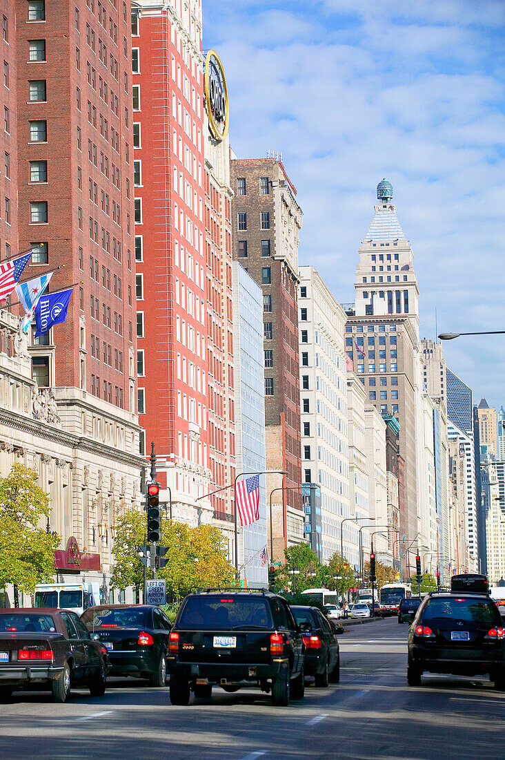 Buildings along South Michigan Avenue in morning. Chicago. Illinois, USA