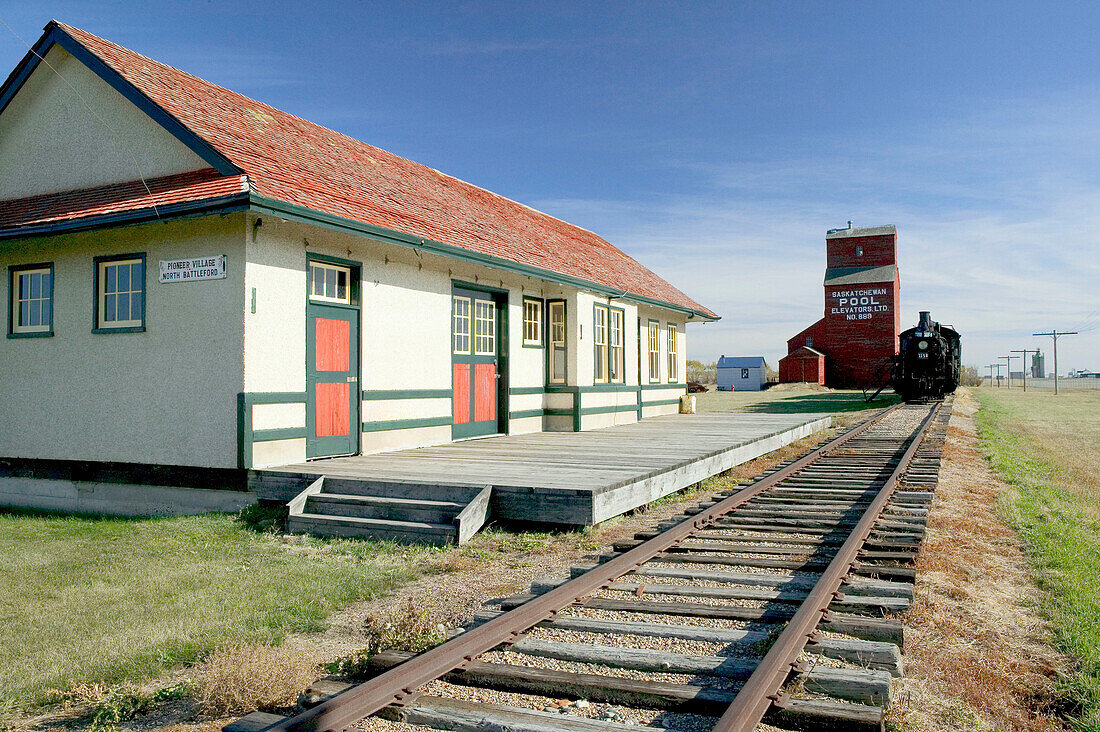 Western Development Museum and Village, train station and grain elevator. North Battlerford. Saskatchewan, Canada