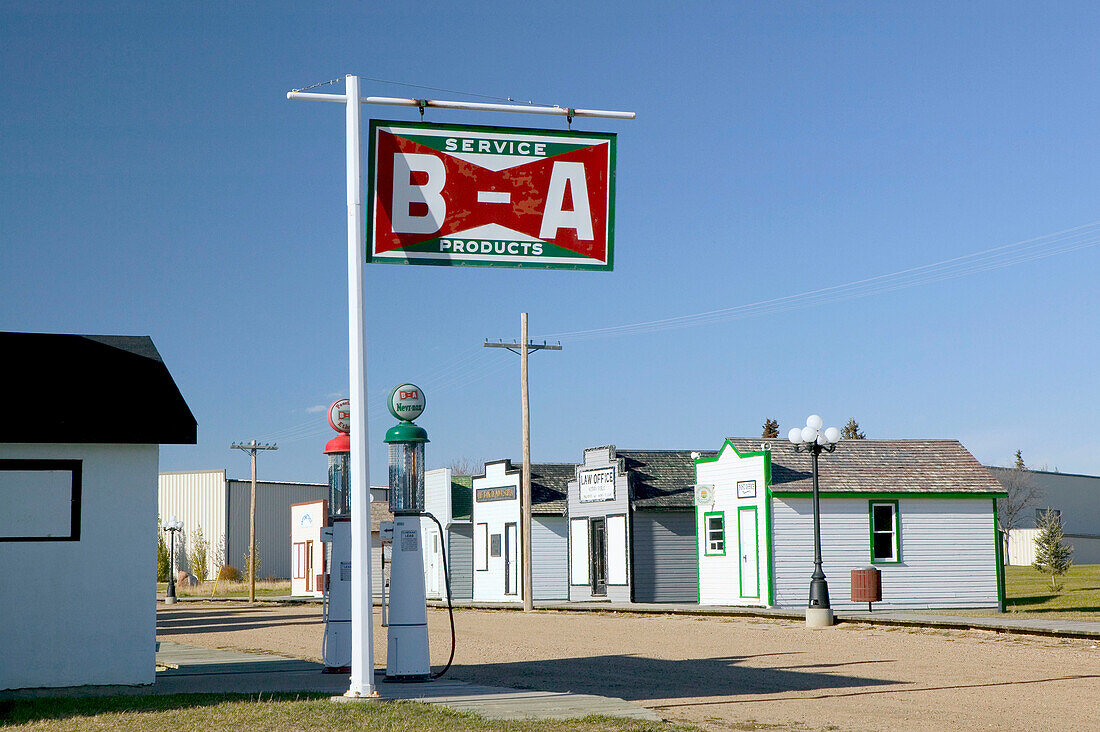 Western Development Museum and Village, gasoline station and village street. North Battlerford. Saskatchewan, Canada
