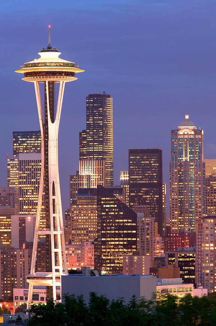City skyline with Space Needle at evening from Queen Anne Hill. Seattle. USA