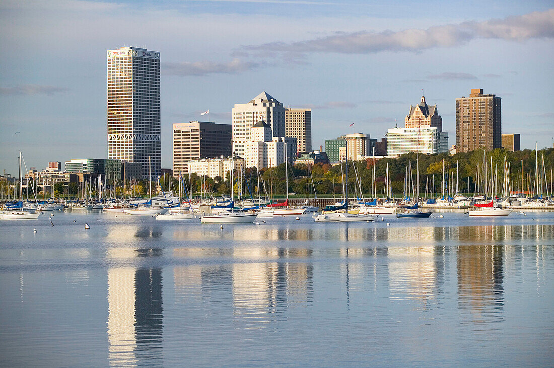 City skyline from the Lake Michigan shoreline in the morning. Milwaukee. Wisconsin, USA