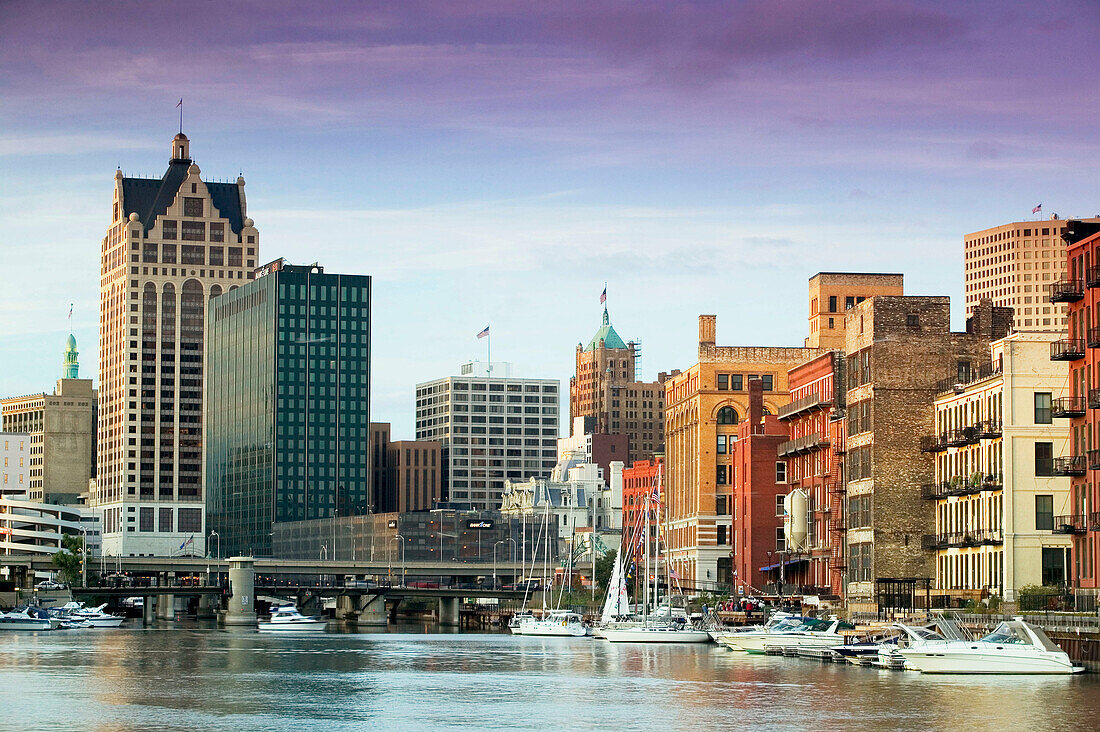 Downtown & Milwaukee River riverwalk from historic Third Ward. Milwaukee. Wisconsin, USA