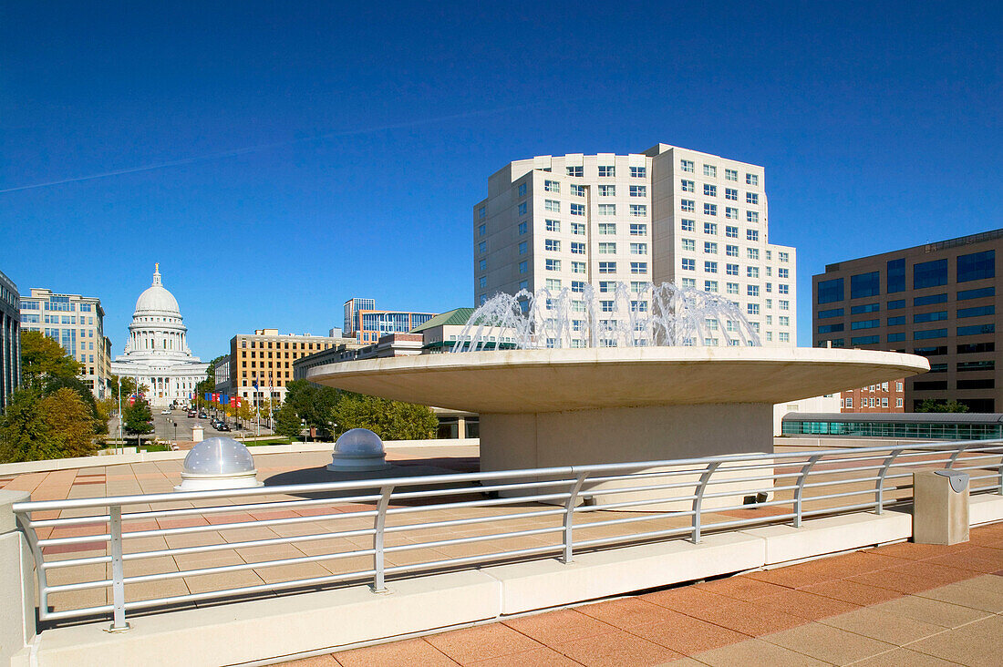 Monona Terrace designed by Frank Lloyd Wright and Wisconsin State Capitol. Madison. Wisconsin, USA