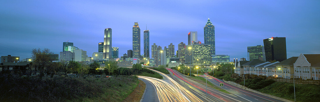 City skyline at evening looking West from Jackson Street over Freedom Parkway. Atlanta. Georgia, USA