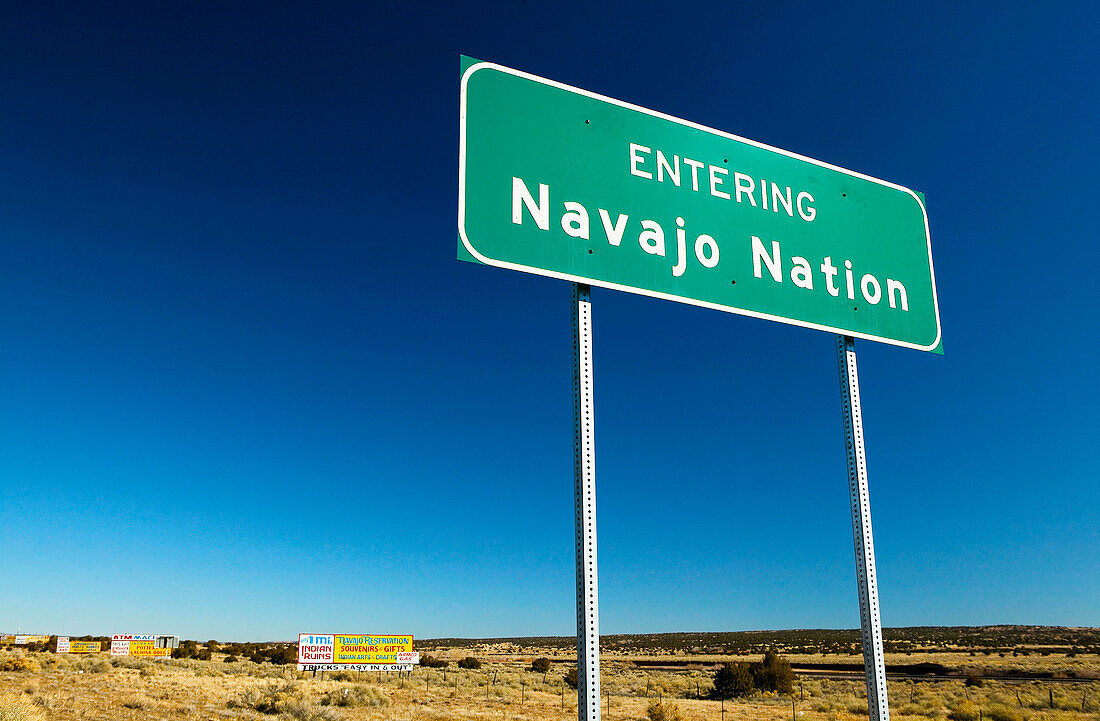 Entering the Navajo Nation sign, I-40 Indian Reservation entrance. Sanders. Arizona, USA