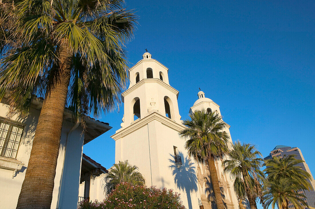 St. Augustine cathedral towers in morning light. Tucson. Arizona, USA