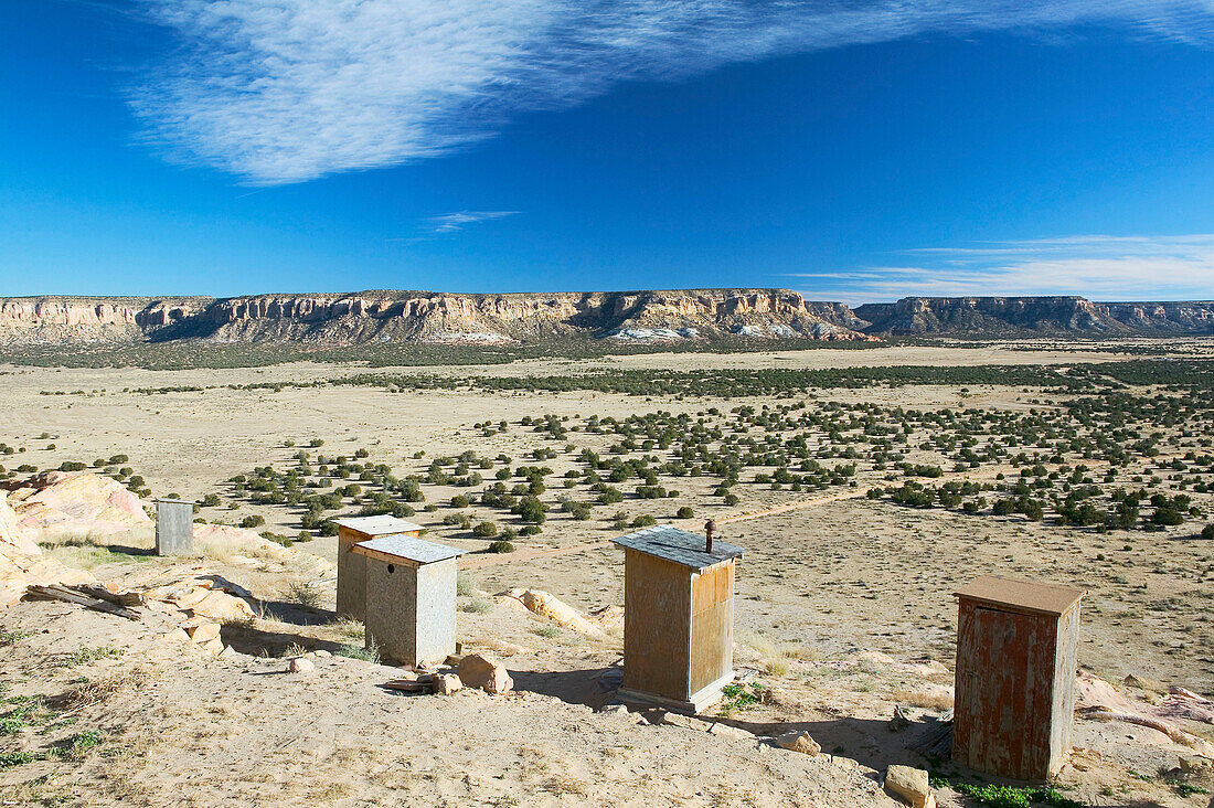 Toilets, pueblo outhouses. Acoma Pueblo (aka Sky City). New Mexico, USA