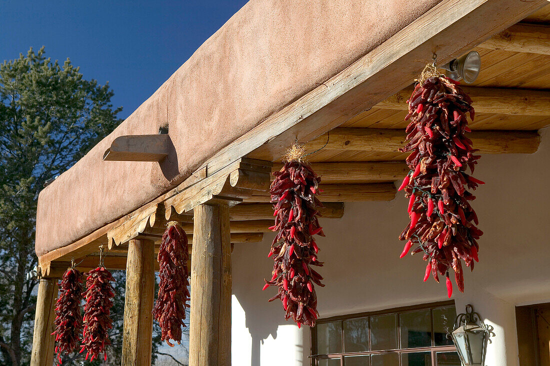 Chili pepper wreaths in Canyon Road. Santa Fe. New Mexico, USA