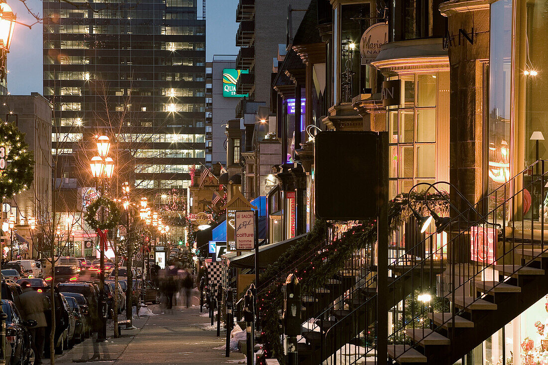 Winter. Evening view of Crescent street. Montreal. Quebec. Canada.