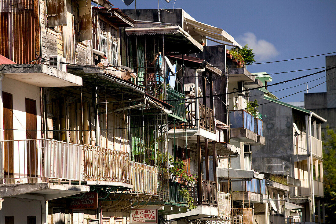 French West Indies (FWI), Guadeloupe, Grande Terre Island, Pointe-a-Pitre: Old Town Colonial Stye Buildings / Rue d Ennery