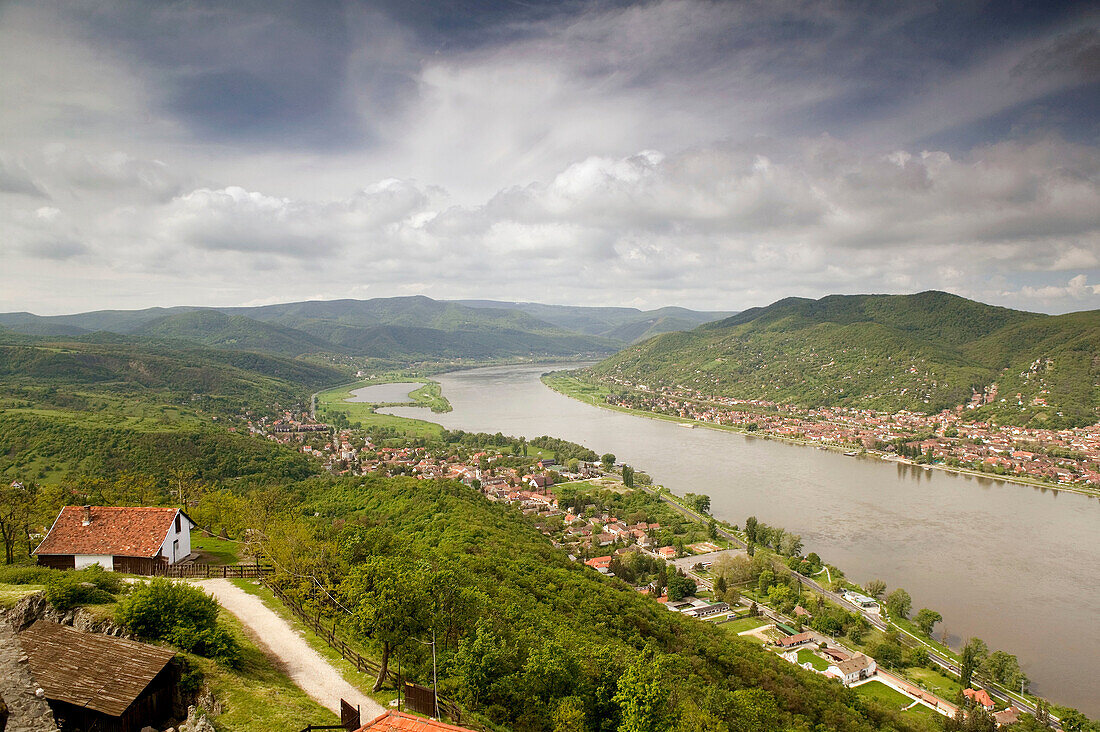 Visegrad Citadel (b.1259) - View of Danube River, Visegrad & Nagymaros. Visegrad. Danube bend. Hungary. 2004.