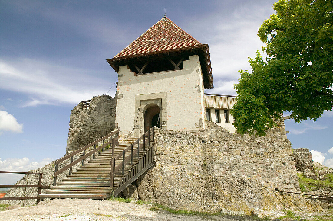 Visegrad Citadel (b.1259). View from Nagy Villam Lookout, morning. Visegrad. Danube bend. Hungary. 2004.