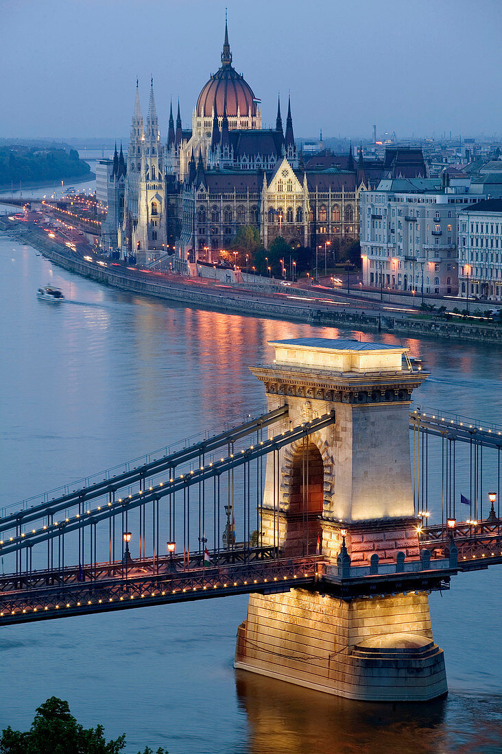 Szechenyi (Chain) Bridge, Parliament & Danube River from Castle Hill. Evening. Budapest. Hungary. 2004.