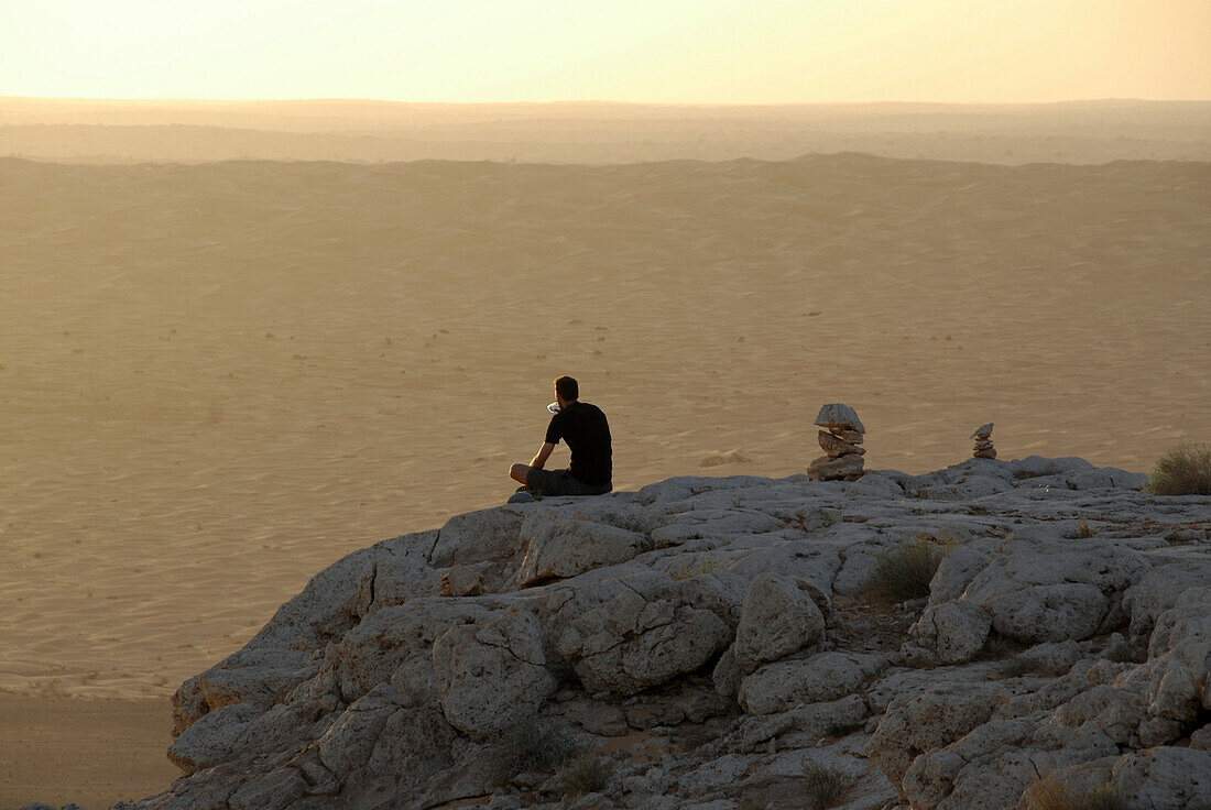 A man admiring the view of the desert landscape, Offroad Sahara Desert Tour, Bebel Tembain area, Sahara, Tunisia, Africa, mr