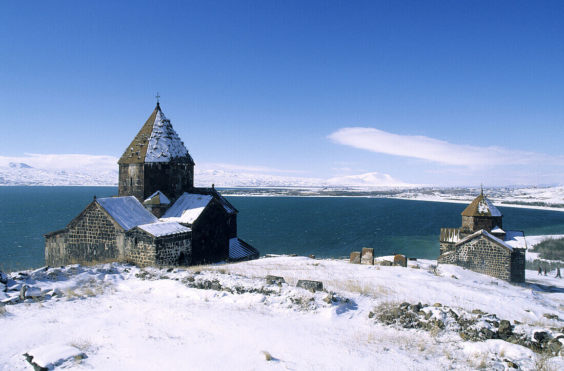 Sourb Arakelots (Holy Apostoles) and Sourb Astvatsatsin (Mother of God) churches by Lake Sevan. Armenia