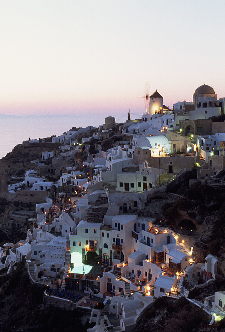  Architecture, Coastal Town, Coastal Towns, Color, Colour, Cyclades, Europe, Exterior, Greece, Illuminated, Illumination, Island, Islands, Lights, Oia, Oía, Outdoor, Outdoors, Outside, Overview, Overviews, Santorin, Santorini, Sunset, Sunsets, Thera, Thir