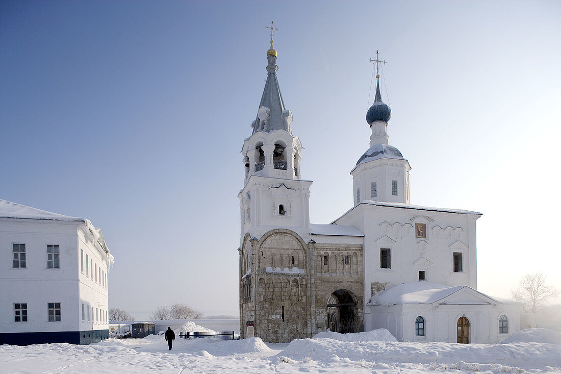 Palace of Prince Andrei Bogoliubsky, the Bogoliubovo Castle, Staircase Tower, 12th and 17th centuries, Cathedral of the Nativity, 12th century -1751. Monastery buildings, Bogoliubovo. Golden Ring, Russia